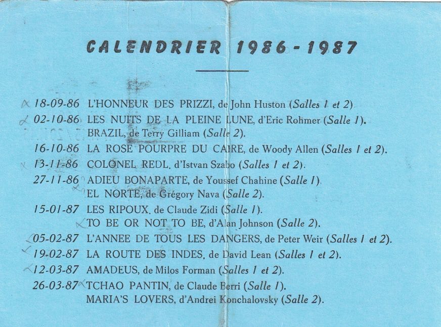 Verso d'un abonnement de la saison 1986-1987 (calendrier)